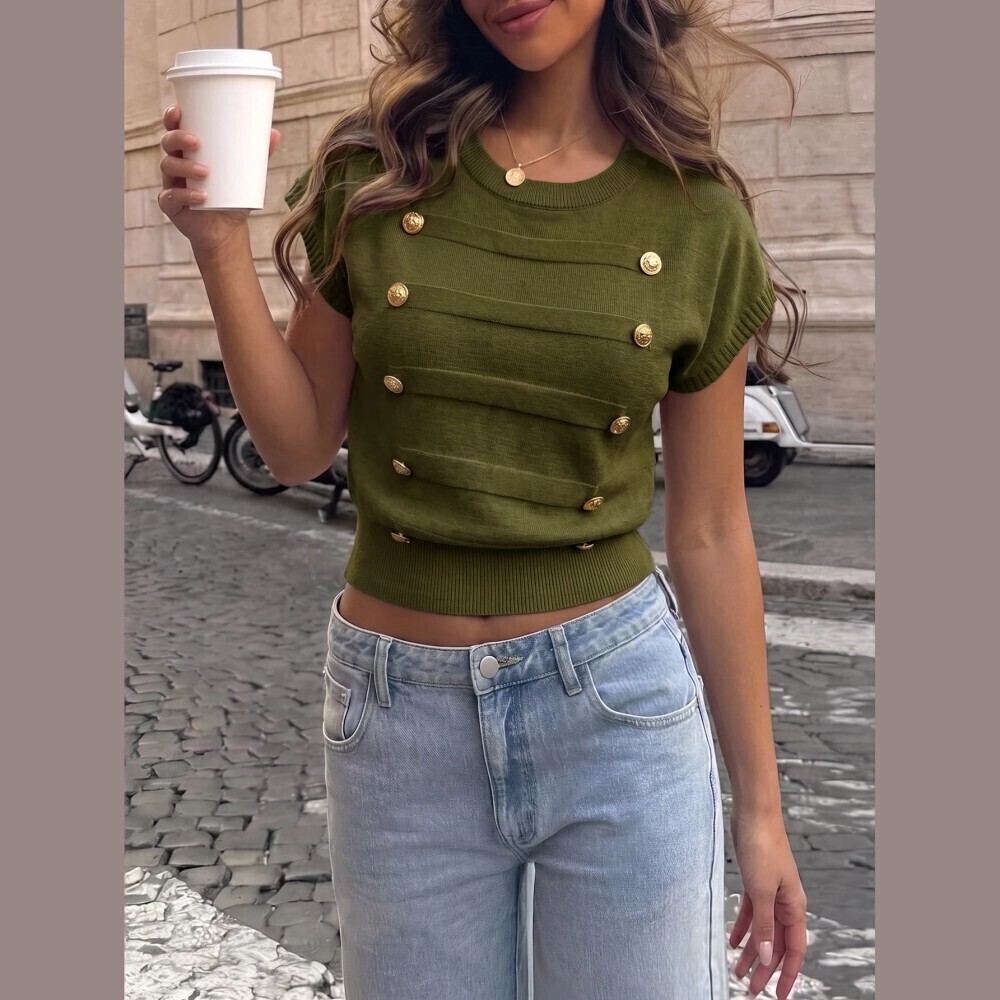 Olive Green Knit Gold Military Faux Button Detail Sleeveless Sweater Vest
